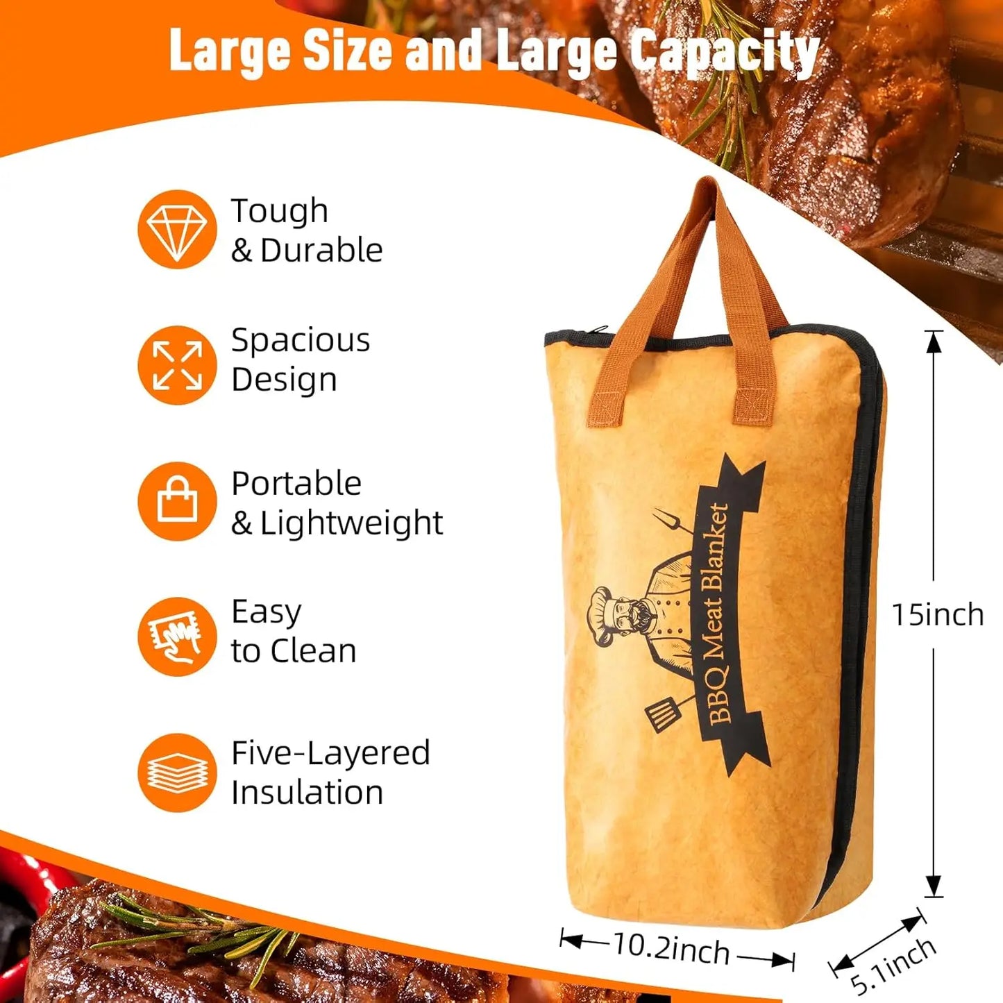 Reusable Pellet Smoker Meat Insulated Resting Bag with Wide Mouth for Brisket/Beef,BBQ Blanket for Resting Meat BBQ Accessories